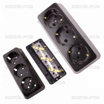 Power Outlet Strip, 3 sockets, without cable, 250VAC, 16A, black, rectangle